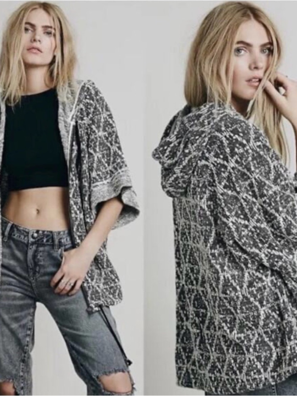 Free People Santa Fe Kimono Hoodie 3/4 Sleeve Full Zip Jacket